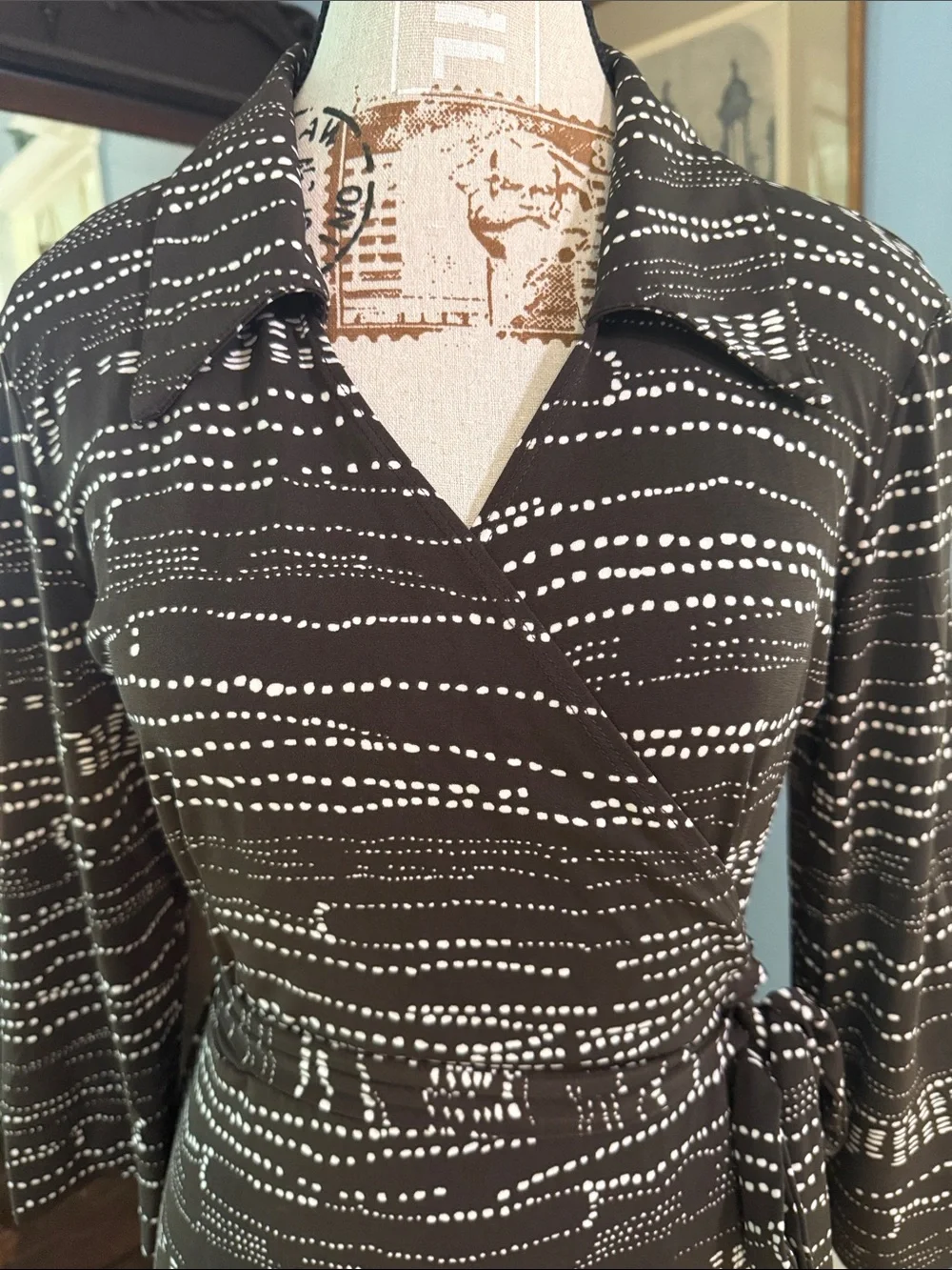 Chapter One Espresso Brown Abstract Dot Faux Wrap Tie Midi Dress Medium